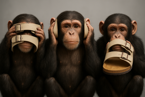 Drei Schimpansen in Anlehnung an die ‚drei weisen Affen‘, die jeweils eine Birkenstock-Sandale vor Augen, Ohren oder Mund halten – satirisches Symbolbild zur Diskussion um fehlenden Urheberrechtsschutz für Birkenstock-Modelle