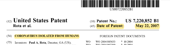 US-Patent aus 2007 für das von Menschen isolierte Coronavirus
