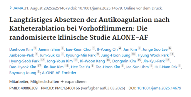 Langfristiges Absetzen der Antikoagulation nach Katheterablation bei Vorhofflimmern: Die randomisierte klinische Studie ALONE-AF