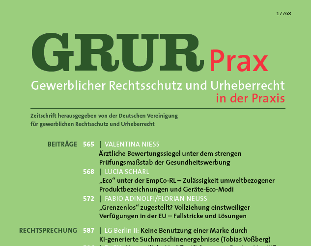 Cover der GRUR Prax, Fachzeitschrift für gewerblichen Rechtsschutz und Urheberrecht
