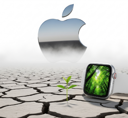 Symbolbild: Apple-Logo über trockener, rissiger Erde; daneben eine Apple Watch mit dem Bild eines grünen Waldes auf dem Display und einem kleinen Pflänzchen im Boden – Darstellung der Kritik an angeblich CO2-neutraler Werbung von Apple.