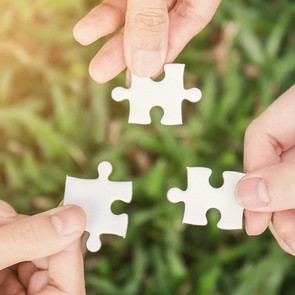 Drei Hände halten je ein Puzzleteil über einer grünen Wiese.