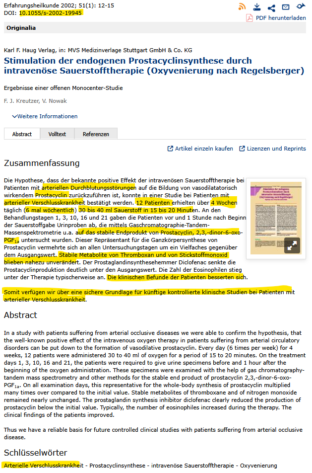 Stimulation der endogenen Prostacyclinsynthese durch intravenöse Sauerstofftherapie (Oxyvenierung nach Regelsberger) DOI: 10.1055/s-2002-19945