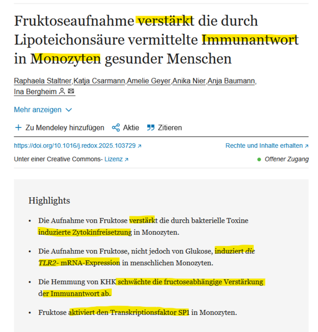 Fruchtzucker erhöht die proentzündlichen Botenstoffe in den Monozyten