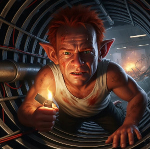 Digitale Fantasy-Illustration eines kleinen, menschähnlichen Wesens mit spitzen Ohren, das in einem Tunnel kriecht und ein Feuerzeug hält. Beispielhafte KI-generierte Kunst, die wie Stimmenklone auch Fragen nach Urheberrecht und Persönlichkeitsrecht aufwirft.