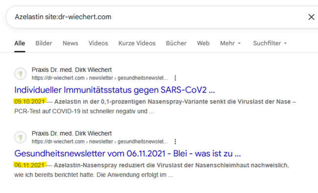 Seit 09.10.2021 wissen die Leser des kostenlosen Gesundhetsnewsletters der Praxis Dr. Wiechertvon diesem Zusammenhang der Wirkung des Azelastins auf die Virusinfekte