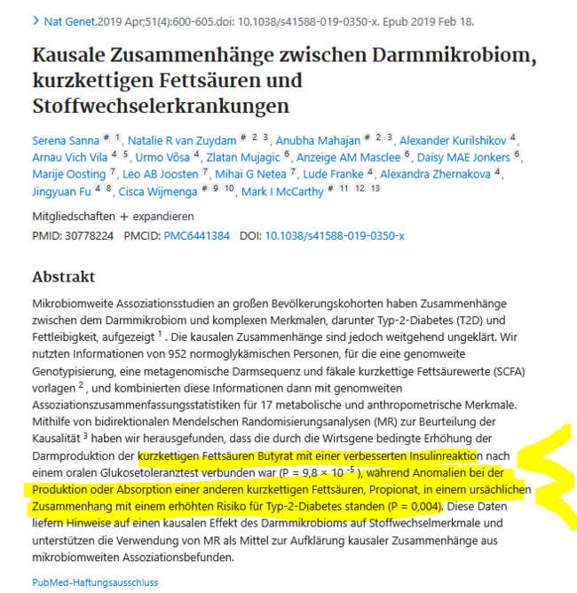 Butyrat schützt vor Diabetes, Propionat steht im ursächlichen Zusammenhang zu Typ II-Diabetes mellitus
