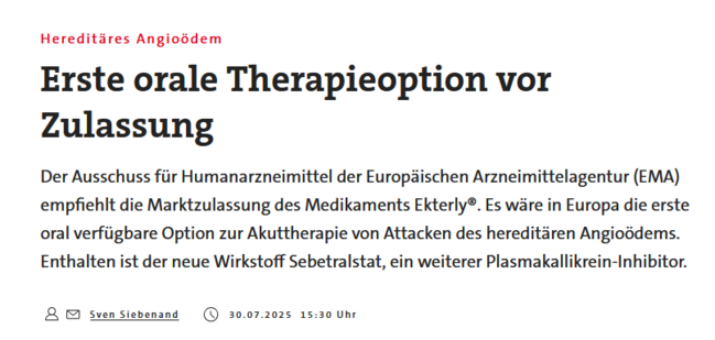 Erste oral verfügbare Option zur Akuttherapie von Attacken des hereditären Angioödems