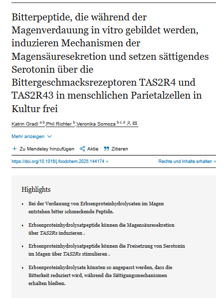 Bitterpeptide, die während der Magenverdauung in vitro gebildet werden, induzieren Mechanismen der Magensäuresekretion und setzen sättigendes Serotonin über die Bittergeschmacksrezeptoren TAS2R4 und TAS2R43 in menschlichen Parietalzellen in Kultur frei