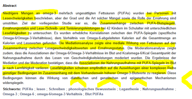 Zusammenhang der Omega-3-Speigel im Blut und  der Lese-Schreibschwäche - Diätetik - Genetik - Epigenetik