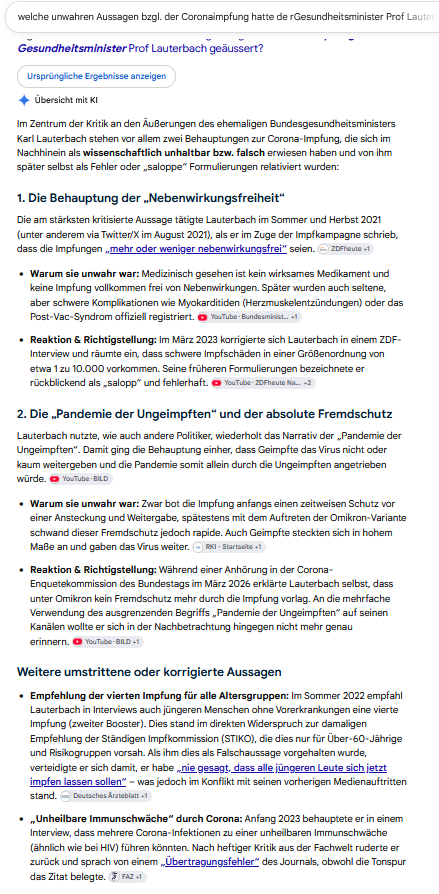 Im Zentrum der Kritik an den Äußerungen des ehemaligen Bundesgesundheitsministers Karl Lauterbach stehen vor allem zwei Behauptungen zur Corona-Impfung, die sich im Nachhinein als wissenschaftlich unhaltbar bzw. falsch erwiesen haben und von ihm später selbst als Fehler oder „saloppe