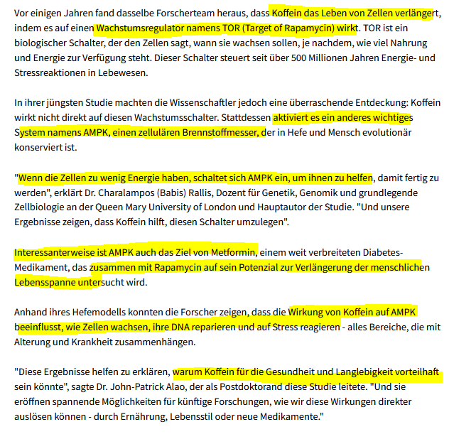 Koffein das Leben von Zellen verlängert, indem es auf einen Wachstumsregulator namens TOR (Target of Rapamycin) wirkt