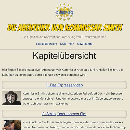 Screenshot: Übersichtsseite des Netzwerk-Adventures »Abenteuer von Kommissar Smith«