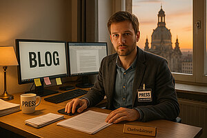 Symbolbild: Blogger als Chefredakteur mit Presseschild sitzt vor Monitoren mit der Aufschrift ‚BLOG‘ – im Hintergrund die Dresdner Frauenkirche. Thema: journalistische Verantwortung bei Verdachtsberichterstattung.