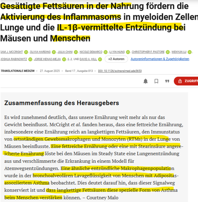 Gesättigte Fettsäuren in der Nahrung fördern die Aktivierung des Inflammasoms in myeloiden Zellen der Lunge und die IL-1β-vermittelte Entzündung bei Mäusen und Menschen - DOI: 10.1126/scitranslmed.adp5653