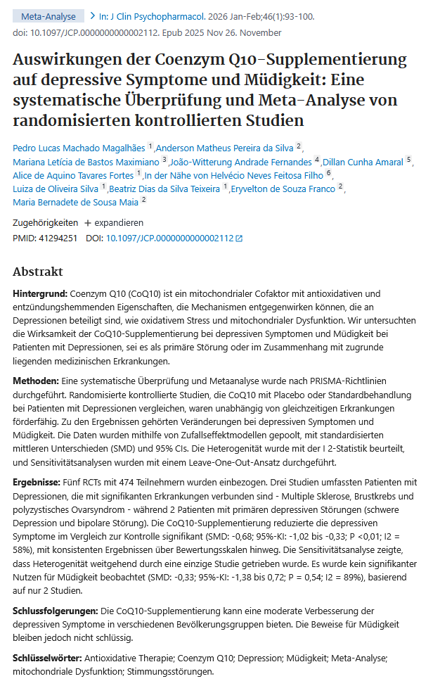 Auswirkungen der Coenzym Q10-Supplementierung auf depressive Symptome und Müdigkeit: Eine systematische Überprüfung und Meta-Analyse von randomisierten kontrollierten Studien