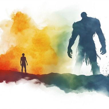 Silhouetten eines kleinen Menschen und eines riesigen, zotteligen Wesens vor farbigen, nebelartigen Hintergründen in Orange und Blau-Grün, die Ungleichheit symbolisieren., Copyright: Adobe Stock