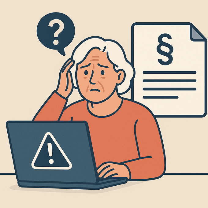 Ältere Person mit rotem Pullover sitzt vor Laptop mit Warnsymbol, hält sich den Kopf, daneben Fragezeichen und Dokument mit Paragraphenzeichen.