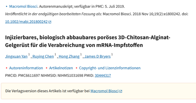 Injizierbares, biologisch abbaubares poröses 3D-Chitosan-Alginat-Gelgerüst für die Verabreichung von mRNA-Impfstoffen