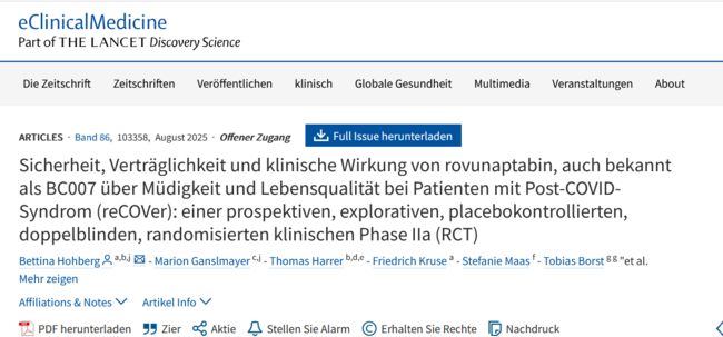 icherheit, Verträglichkeit und klinische Wirkung von Rovunaptabin, auch bekannt als BC007 über Müdigkeit und Lebensqualität bei Patienten mit Post-COVID-Syndrom (reCOVer): einer prospektiven, explorativen, placebokontrollierten, doppelblinden, randomisierten klinischen Phase IIa (RCT)