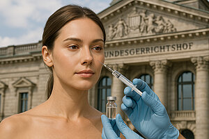 Symbolbild: Frau vor dem Bundesgerichtshof wird eine Hyaluronspritze gezeigt – Entscheidung des BGH zur Vorher-Nachher-Werbung bei Schönheitsbehandlungen.