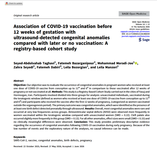 Association of COVID-19 vaccination before 12 weeks of gestation with ultrasound-detected congenital anomalies compared with later or no vaccination: A registry-based cohort study - DOI: 10.1177/20503121261460259