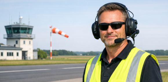 Ein Flugleiter mit Headset auf einem Modellfluggelände