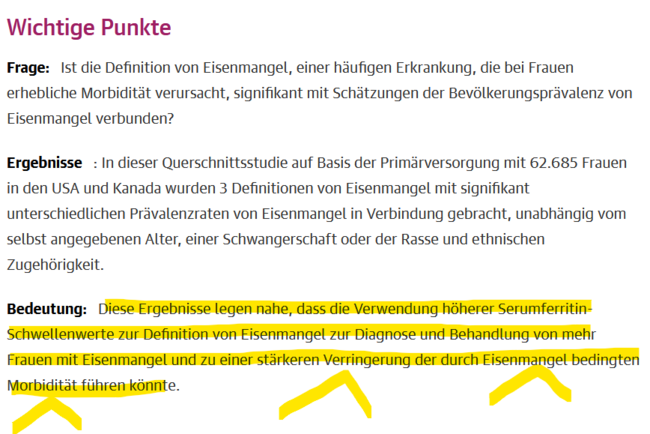 Wäre der Ferritnwert, abe dem man bei Frauen von Eisenmangel spricht höher, wären die eisenmangelabhängigen Erkrankungen bei Intervention seltener