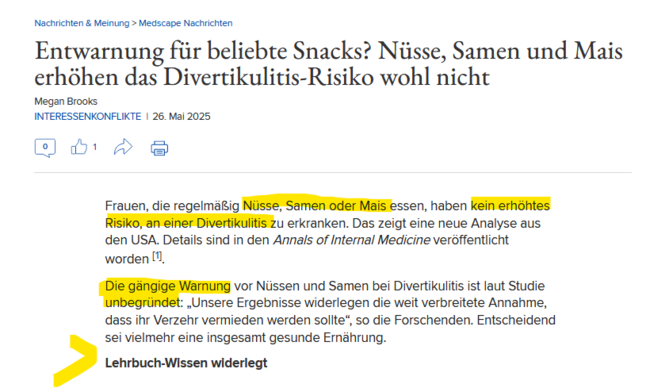 Lehrbuch-Wissen widerlegt: Nüsse, Samen und Mais erhöhen das Divertikulitis-Risiko nicht