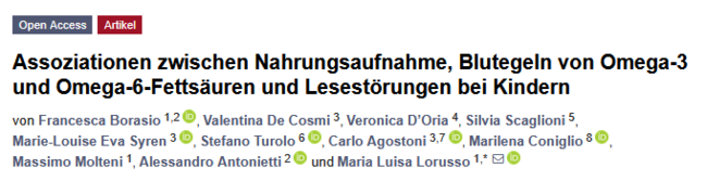  Erstseite Einstellungen Order Artikelsätze Open AccessArtikel Assoziationen zwischen Nahrungsaufnahme, Blutegeln von Omega-3 und Omega-6-Fettsäuren und Lesestörungen bei Kindern  - doi.org/10.3390/biom13020368