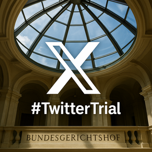 Symbolbild als Kombination des Twitter X Symbols und einem fiktiven Innenraumbild vom BGH