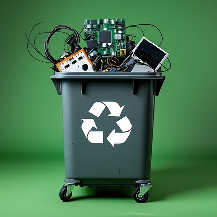 Eine graue Tonne mit weißem Recyclingsymbol steht vor grünem Hintergrund. Über den Rand der Mülltonne ragen diverse alte Elektrogeräte und Kabel.