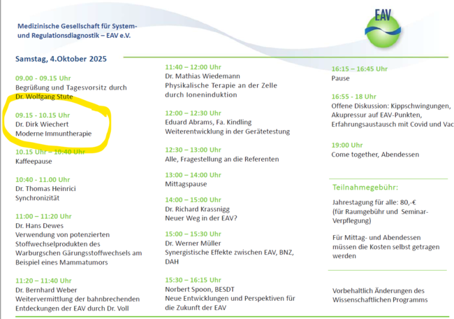 Programm Jahrestagung Medizinische Gesellschaft für System- und Regulationsdiagnostik  EAV e.V.